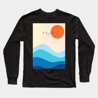 Minimalist Modern Ocean Wave and Sunset Graphic Art Long Sleeve T-Shirt